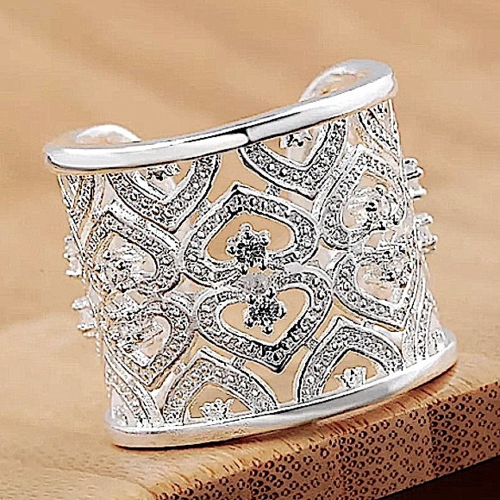 NEW STERLING SILVER WIDE BAND ZIRCONIA HEART CUFF RING - Picture 12 of 12